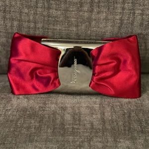 New Salvatore Ferragamo Red Satin and Silver Metal Bow Clutch